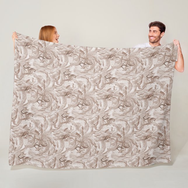  Mocha Mousse Tropical Birds and Palm Leaves Fleece Blanket (In Situ)