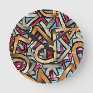 Mocha Red Grey Geometric-Hand Painted Abstract Art Round Clock