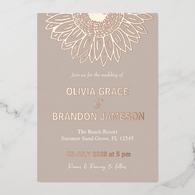 Mocha Rose Gold Sunflower Modern Floral Wedding  (Front)