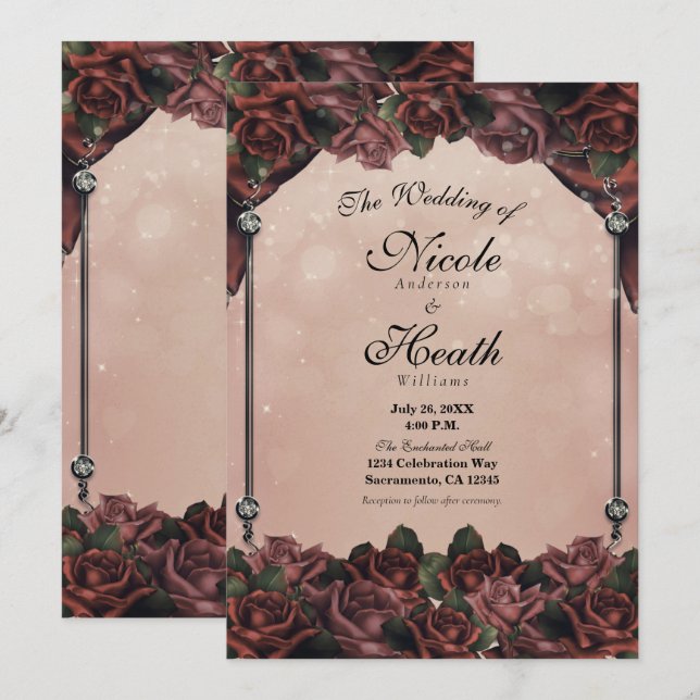 Mocha Rust Brown Roses Elegant Fall Wedding Invitation (Front/Back)