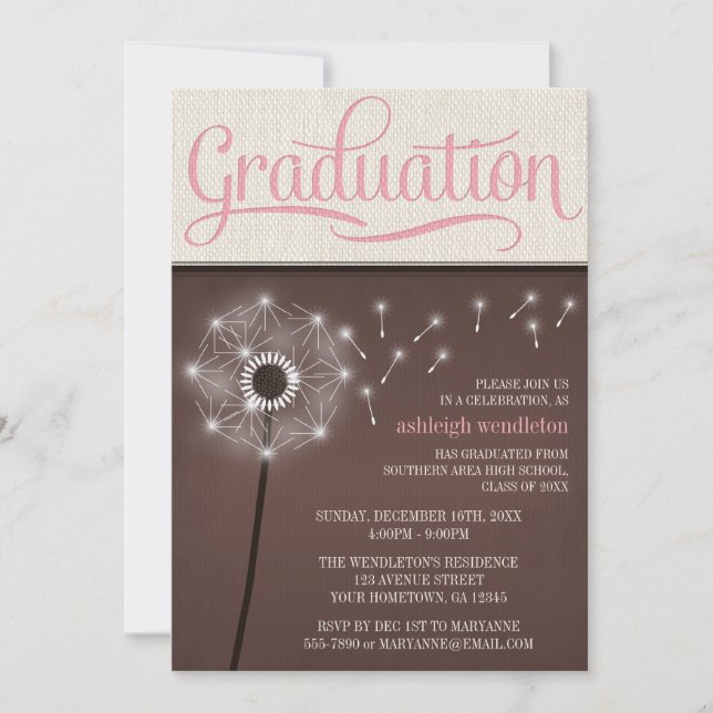 Mocha Rustic Linen Dandelion Graduation Invitation (Devant)