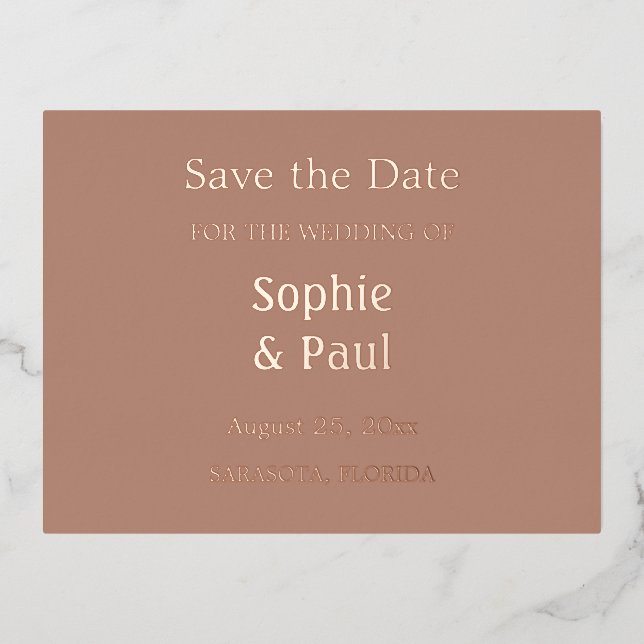 Mocha Save the Date Foil Invitation Postcard (Front)