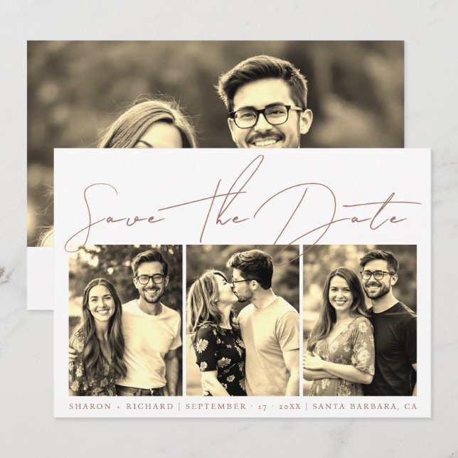 Mocha script calligraphy 3 sepia photo collage  save the date (Front/Back)