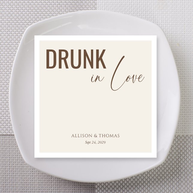 Mocha Script Drunk in Love Custom Names Napkin (Mocha script drunk in love custom names napkins for wedding reception)