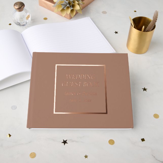 Mocha Simple Stylized Lettering Wedding Guest Book (Front Open)