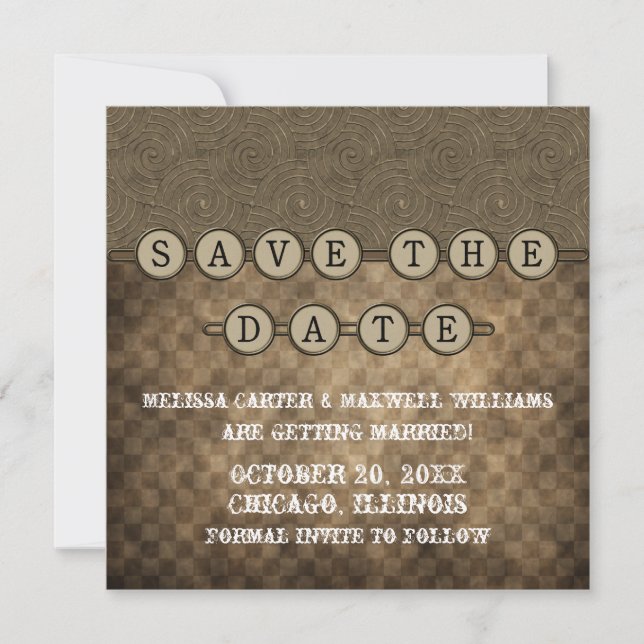 Mocha Steampunk Keys Save the Date Invite (Front)