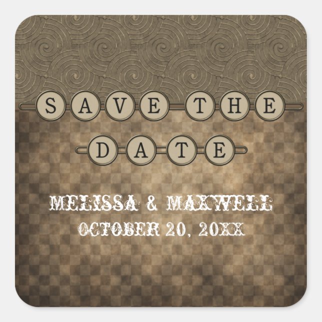 Mocha Steampunk Keys Save the Date Stickers (Devant)