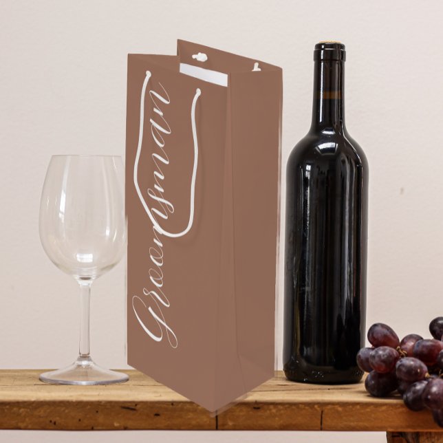 Mocha Stylized Script Wedding Groomsman Wine Gift Bag (In Situ)