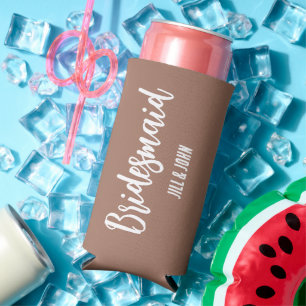 Mocha Stylized Wedding Bridesmaid Seltzer Can Cooler