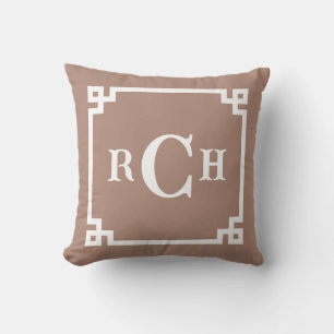 Mocha Taupe Reverse Chinoiserie Greek Key Monogram Throw Pillow