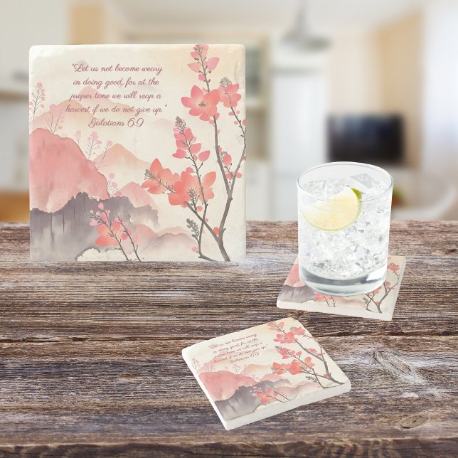 Mocha Verona Sunset Mountain Meadow Bible Verse  Stone Coaster (Creator Uploaded)