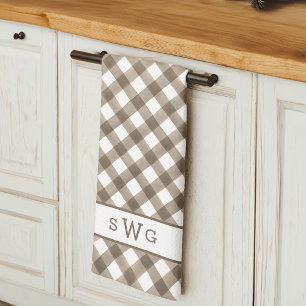 Mocha & White Buffalo Plaid Three Initial Monogram Kitchen Towel