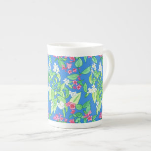 Mock Orange, Weigela, Pink, White on Bright Blue Bone China Mug