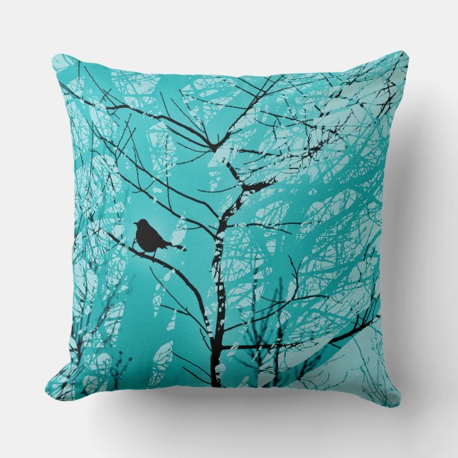 Mockingbird in Tree Branch Turquoise Throw Pillow (Front)
