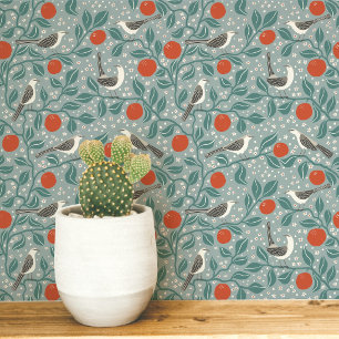 Mockingbird Orange Blossom Bird Flower Sage Green Wallpaper