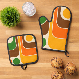 Mod 1970s Retro Style Geometric Design Oven Mitt & Pot Holder Set