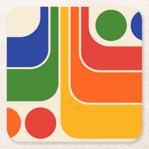 Mod 1970s Retro Style Geometric Design Square Paper Coaster
