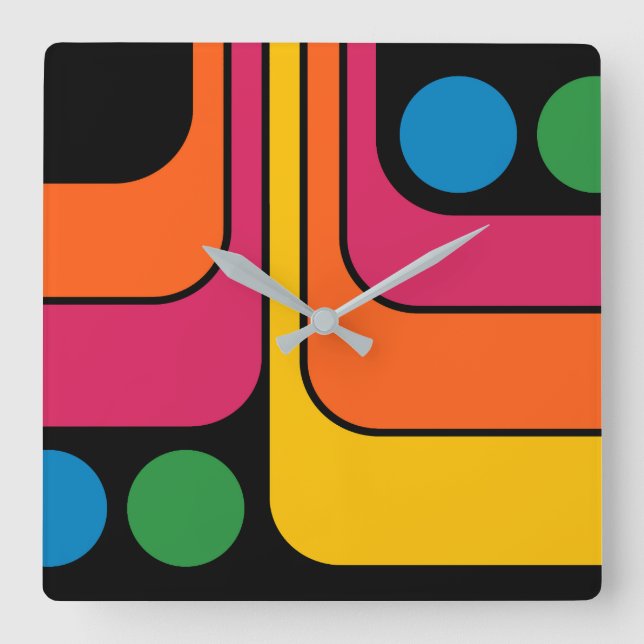 Mod 1970s Retro Style Geometric Design Square Wall Clock (Front)