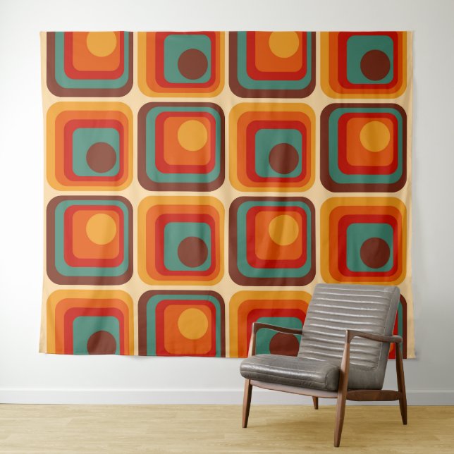 Mod 1970s Retro Style Geometric Design Tapestry (In Situ (Horizontal))