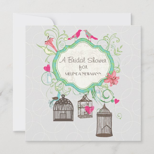 Mod Bird Cage Mason Jar Heart Floral Bridal Shower Invitation (Front)