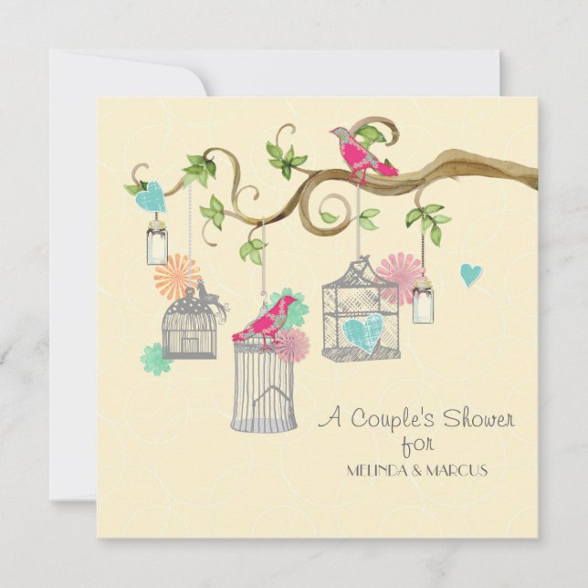 Mod Bird Cage Mason Jar Heart Floral Bridal Shower Invitation (Front)