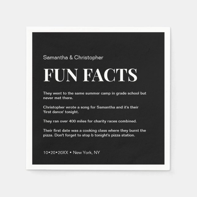 Mod Black and white Custom fun fact list Wedding  Napkin (Front)