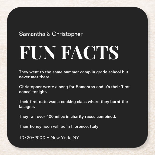 Mod Black and white custom fun fact list Wedding  Square Paper Coaster (Front)