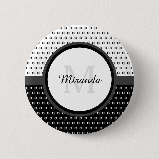 Mod Black and White Polka Dots Monogram With Name 2 Inch Round Button (Front)