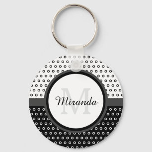 Mod Black and White Polka Dots Monogram With Name Keychain