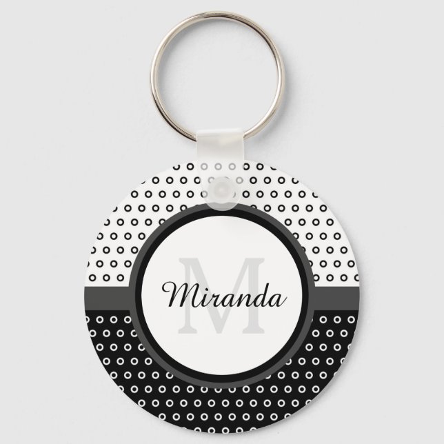 Mod Black and White Polka Dots Monogram With Name Keychain (Front)