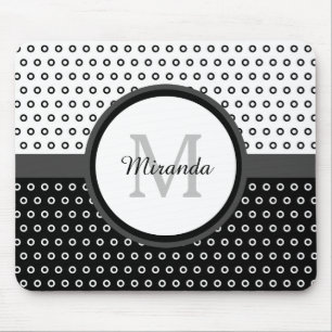 Mod Black and White Polka Dots Monogram With Name Mouse Pad