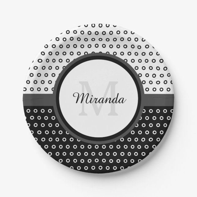 Mod Black and White Polka Dots Monogram With Name Paper Plate (Front)