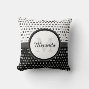 Mod Black and White Polka Dots Monogram With Name Throw Pillow