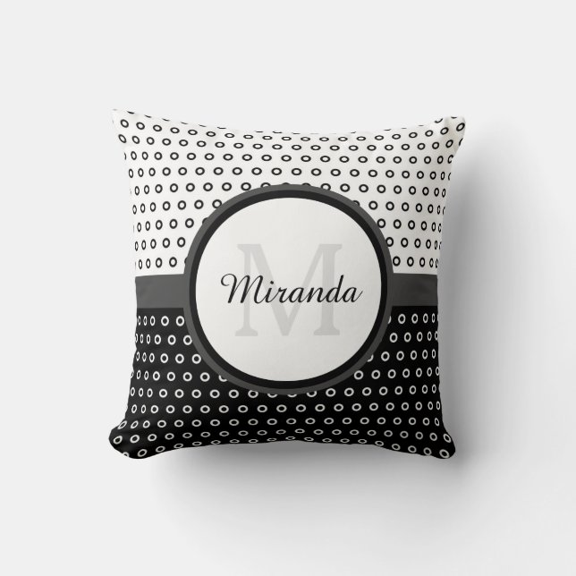 Mod Black and White Polka Dots Monogram With Name Throw Pillow (Front)