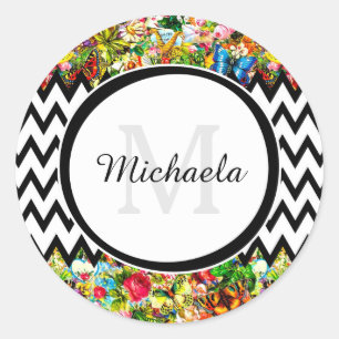 Mod Black Chevron Vintage Floral Monogram and Name Classic Round Sticker