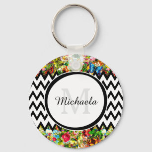 Mod Black Chevron Vintage Floral Monogram and Name Keychain