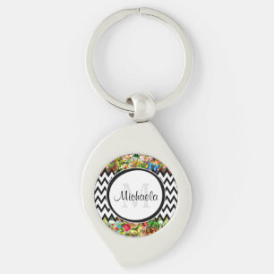 Mod Black Chevron Vintage Floral Monogram and Name Keychain