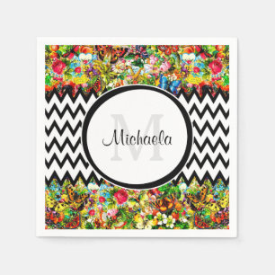 Mod Black Chevron Vintage Floral Monogram and Name Napkin