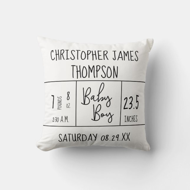 Mod Black White Baby Boy Birth Stat Throw Pillow (Front)