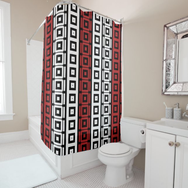 mod black white Red squares stripe pattern (In Situ)