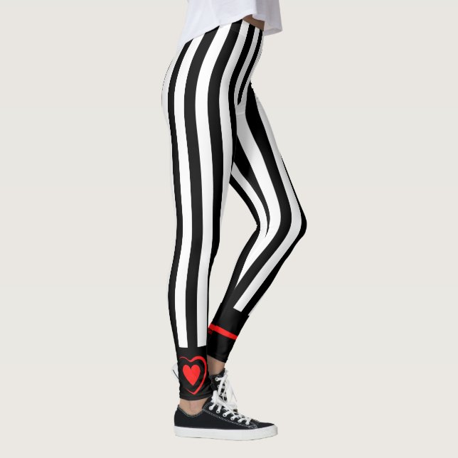 Mod Black & White Stripes with Bright Red Heart Leggings (Right)