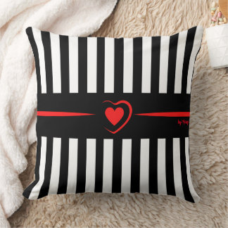 Mod Black & White Stripes with Bright Red Heart Throw Pillow