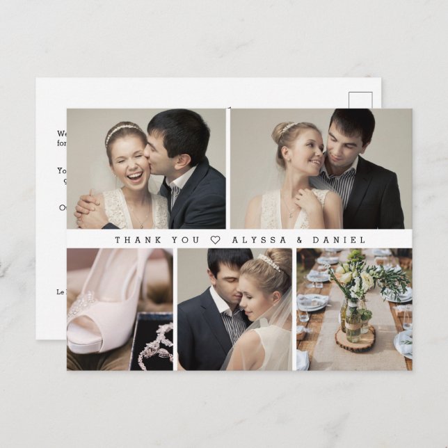 Mod Black White Wedding Photo Grid Heart thank yo Postcard (Front/Back)