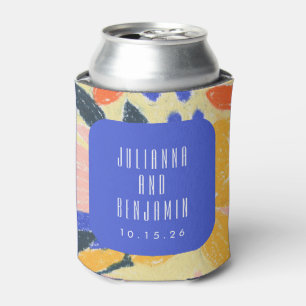 Mod Blue Artsy Abstract Botanical Wedding Custom  Can Cooler
