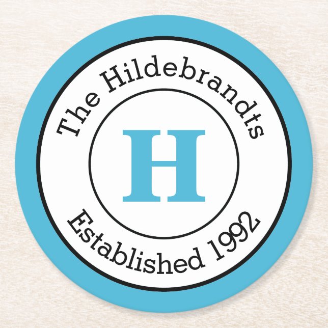 Mod Blue black and White Custom Monogram Family Round Paper Coaster (Front)