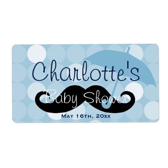 Mod Blue Dot Moustache Baby Shower Water Bottle Shipping Label