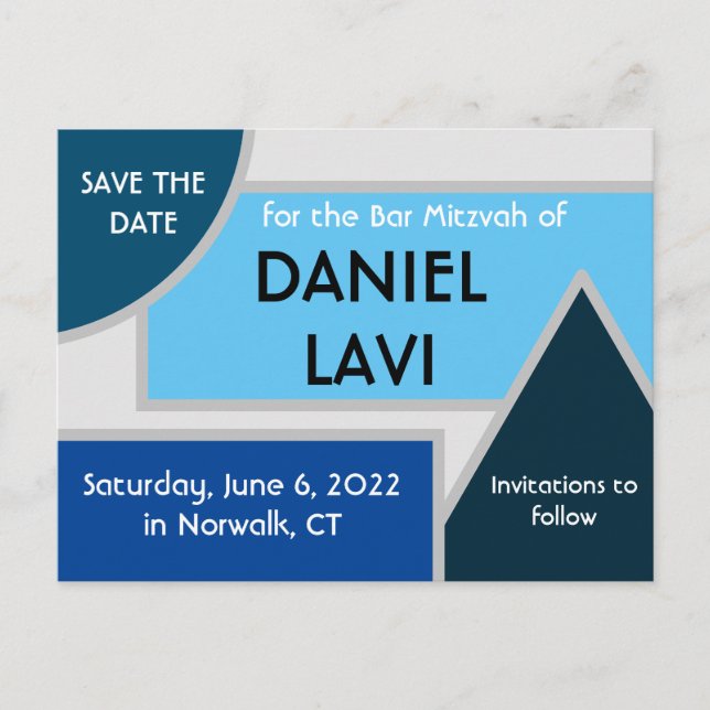 Mod Blue Shapes Save the Date Postcard II (Front)