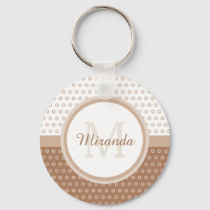 Mod Brown and White Polka Dots Monogram With Name Keychain