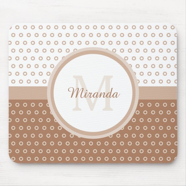 Mod Brown and White Polka Dots Monogram With Name Mouse Pad (Front)