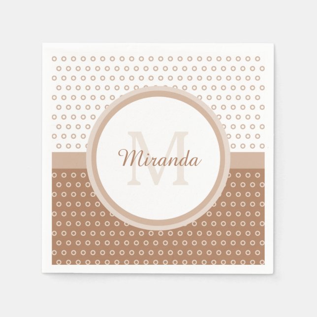 Mod Brown and White Polka Dots Monogram With Name Napkin (Front)